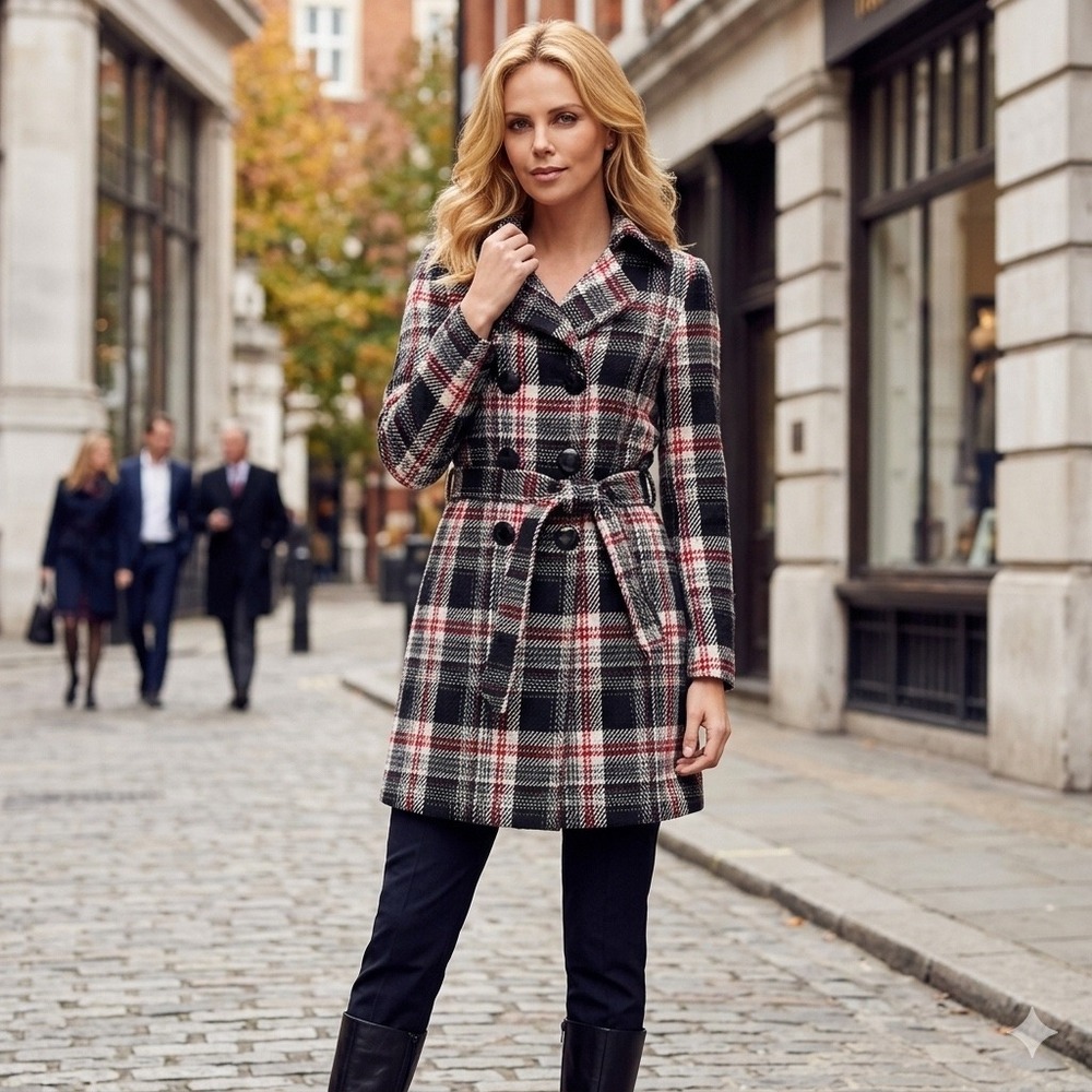 Papillon Los Angeles Plaid Double‎ Breasted Belt Pea Coat Red Black White Medium